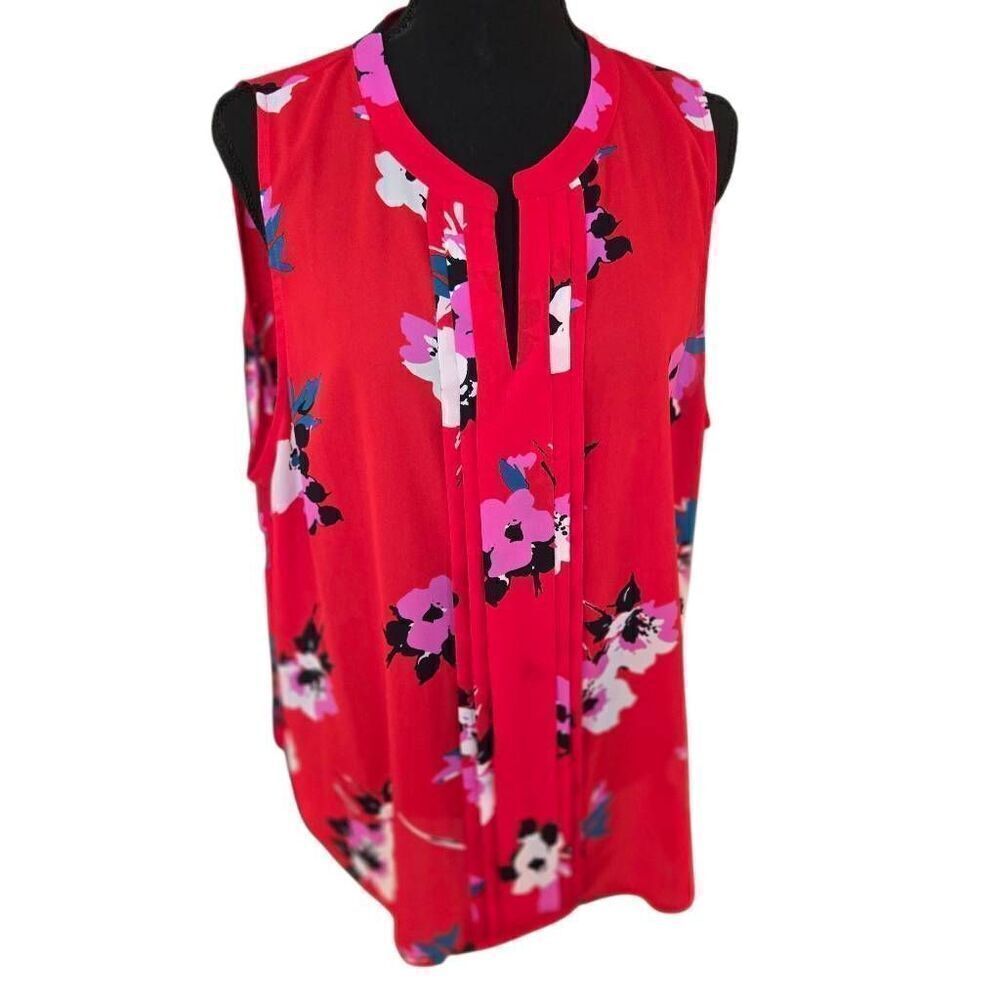 NWT 41 Hawthorn Womens Floral Sleeveless Breyson Pleated Blouse Red Black XXL